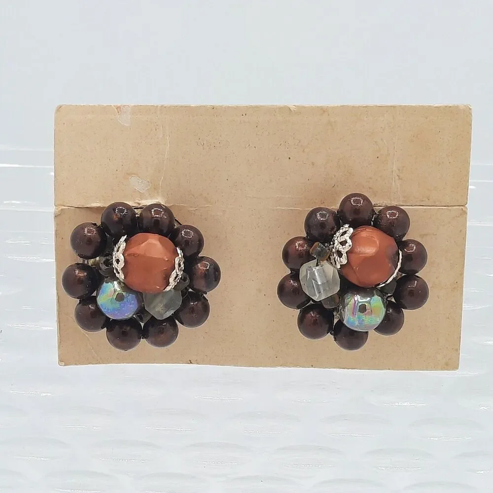 Vintage Goldtone Bronze Aurora Borealis Cluster Bead Clip Earrings Marked Japan